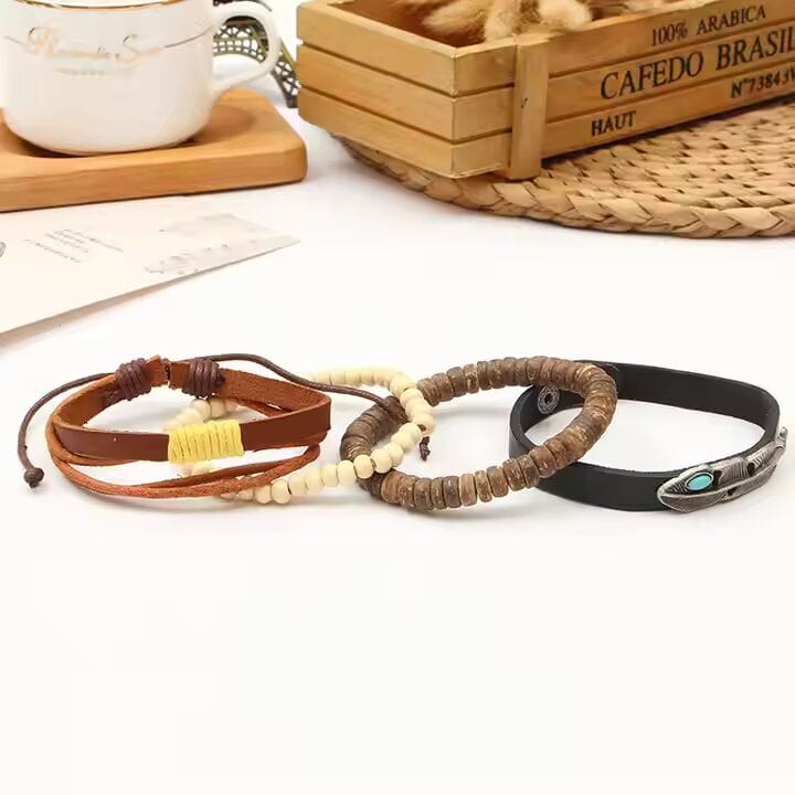 TRIBAL FEATHER STACK -  4 Pcs Genuine Braided Leather Bracelet Set for Men & Boys (8 inch) - THE MEN THING