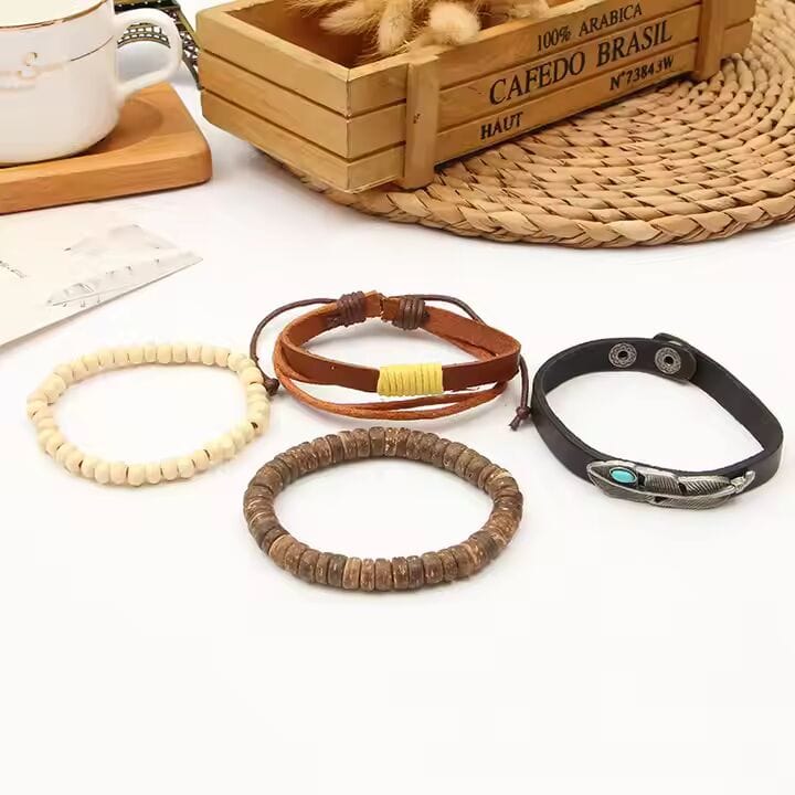 TRIBAL FEATHER STACK -  4 Pcs Genuine Braided Leather Bracelet Set for Men & Boys (8 inch) - THE MEN THING