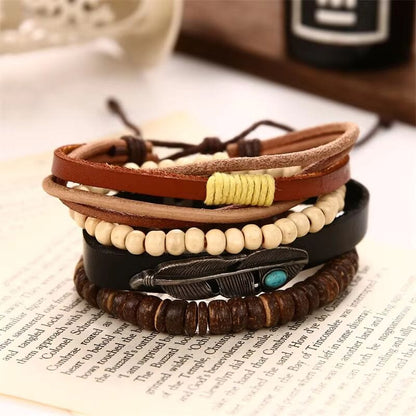 TRIBAL FEATHER STACK -  4 Pcs Genuine Braided Leather Bracelet Set for Men & Boys (8 inch) - THE MEN THING