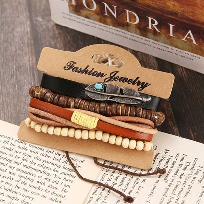 TRIBAL FEATHER STACK -  4 Pcs Genuine Braided Leather Bracelet Set for Men & Boys (8 inch) - THE MEN THING
