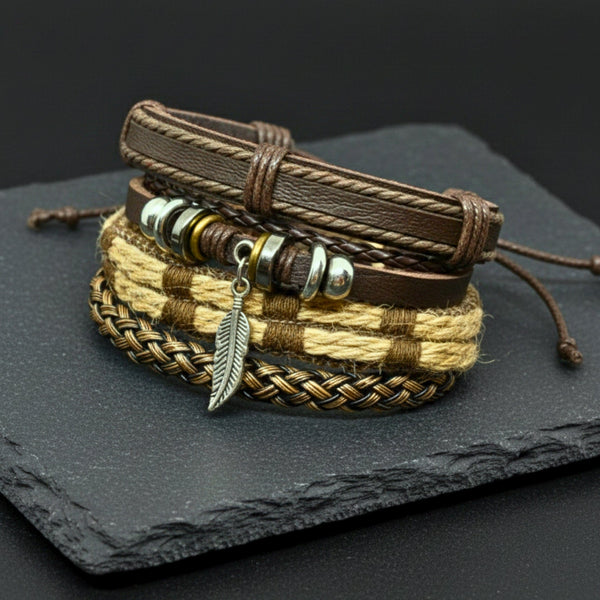 TRIBAL LEAF - 4 Pcs Genuine Leather Adjustable Bracelet Set for Men & Boys (8 inch)