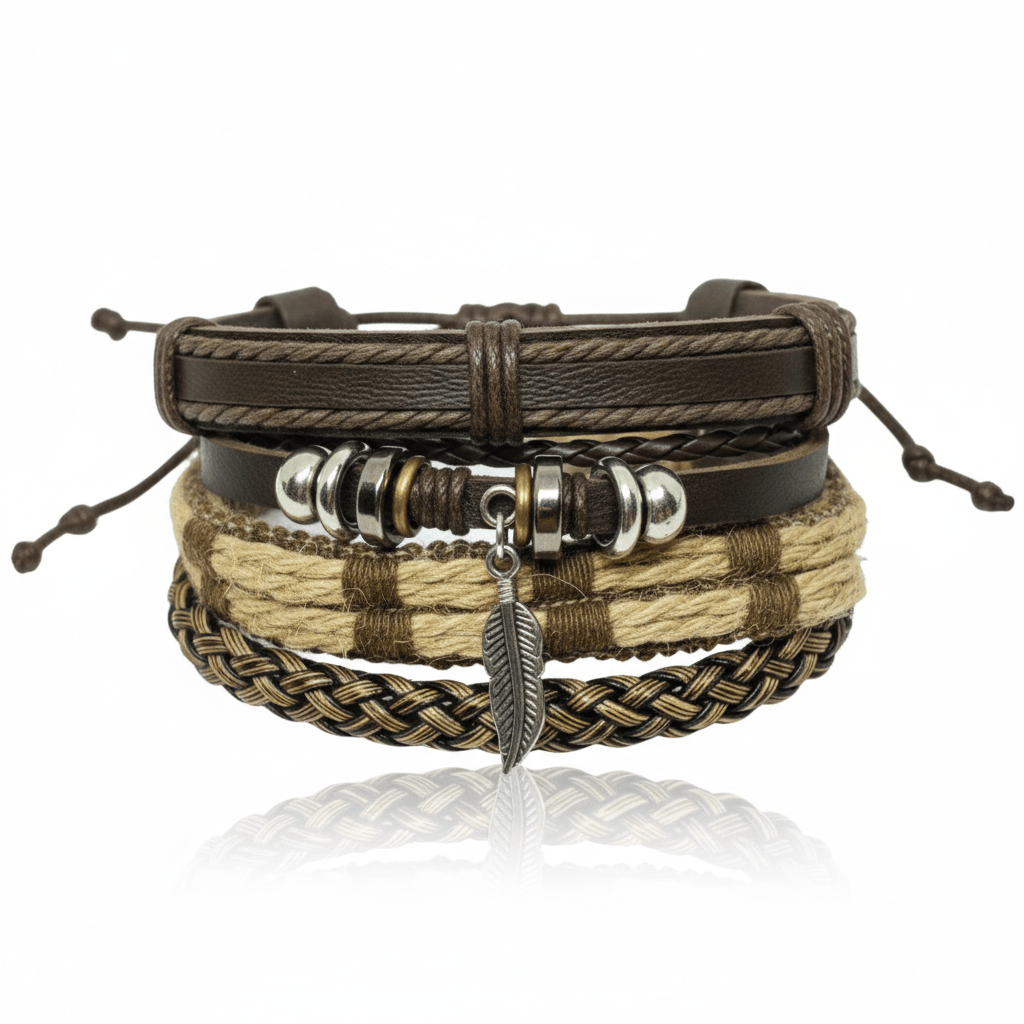 TRIBAL LEAF - 4 Pcs Genuine Leather Adjustable Bracelet Set for Men & Boys (8 inch) - THE MEN THING