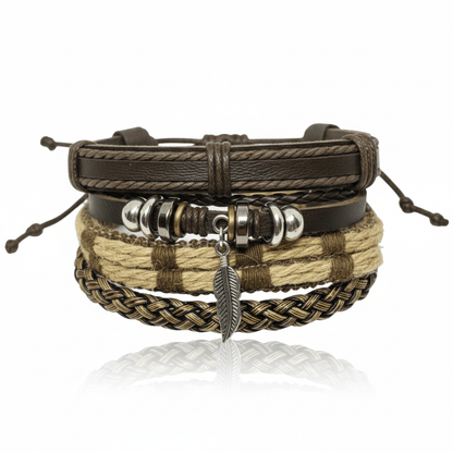 TRIBAL LEAF - 4 Pcs Genuine Leather Adjustable Bracelet Set for Men & Boys (8 inch) - THE MEN THING