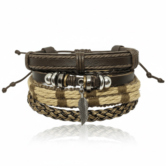TRIBAL LEAF - 4 Pcs Genuine Leather Adjustable Bracelet Set for Men & Boys (8 inch) - THE MEN THING