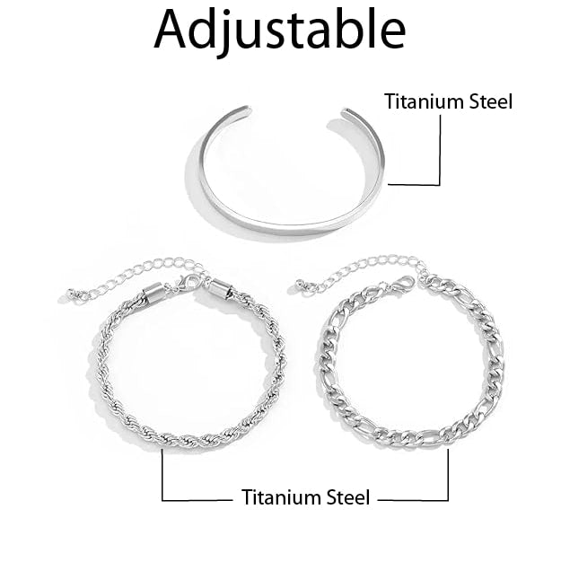 TRIFECTA SILVER - 3 pcs Alloy Adjustable Bracelet for Men & Boys