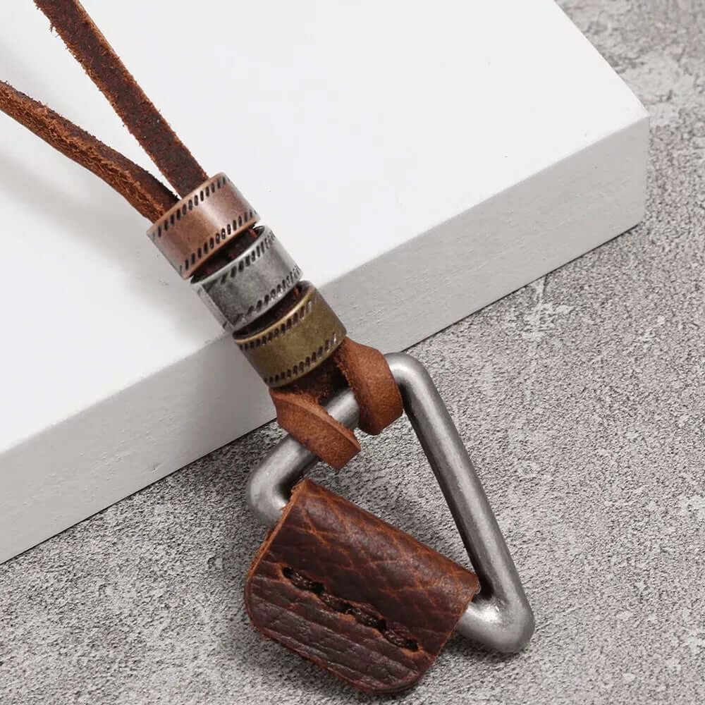 TRIGON BROWN - Vintage Alloy Triangle Pendant with Adjustable Pure Leather Cord Necklace for Men & Boys — Leather Necklace for Men | THE MEN THING