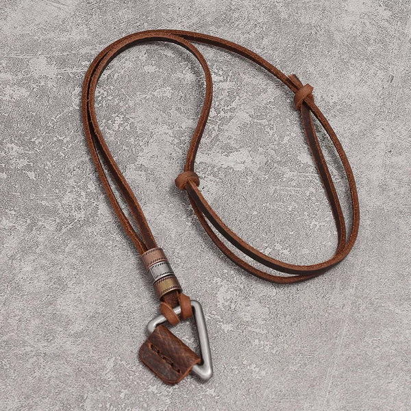 TRIGON BROWN - Vintage Alloy Triangle Pendant with Adjustable Pure Leather Cord Necklace for Men & Boys
