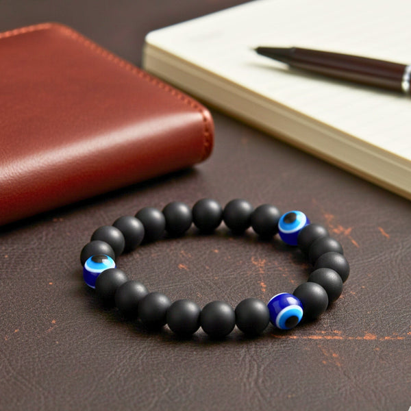 TRINITY EVIL EYE - 12mm Beads Bracelet with Natural Stone - Adjustable Bracelet