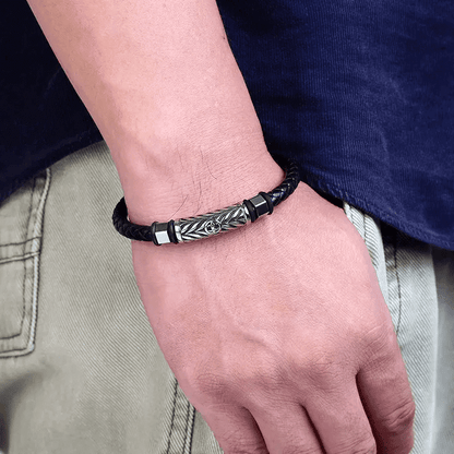 TRINKET BLACK - Woven Black Genuine Leather Bracelet with Stainless Steel Magnetic Buckle for Men & Boy (8 inch) - THE MEN THING