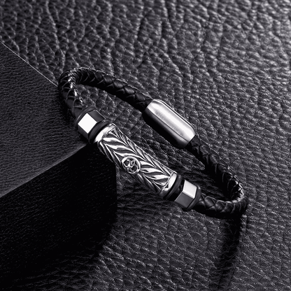 TRINKET BLACK - Woven Black Genuine Leather Bracelet with Stainless Steel Magnetic Buckle for Men & Boy (8 inch) - THE MEN THING