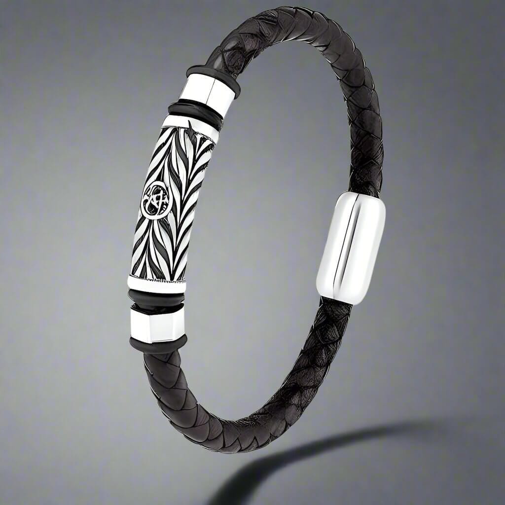 TRINKET BLACK - Woven Black Genuine Leather Bracelet with Stainless Steel Magnetic Buckle for Men & Boy (8 inch) - THE MEN THING