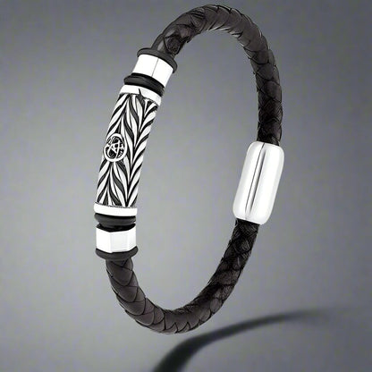 TRINKET BLACK - Woven Black Genuine Leather Bracelet with Stainless Steel Magnetic Buckle for Men & Boy (8 inch) - THE MEN THING
