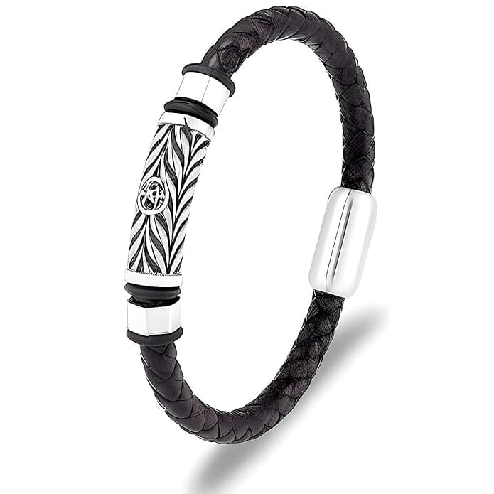 TRINKET BLACK - Woven Black Genuine Leather Bracelet with Stainless Steel Magnetic Buckle for Men & Boy (8 inch) - THE MEN THING