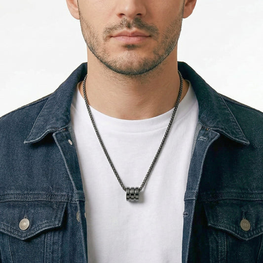 TRIPLE BARREL - BLACK - 9mm Titanium Steel Pendant with 23inch Round Box 4mm Chain for Men & Boys - THE MEN THING