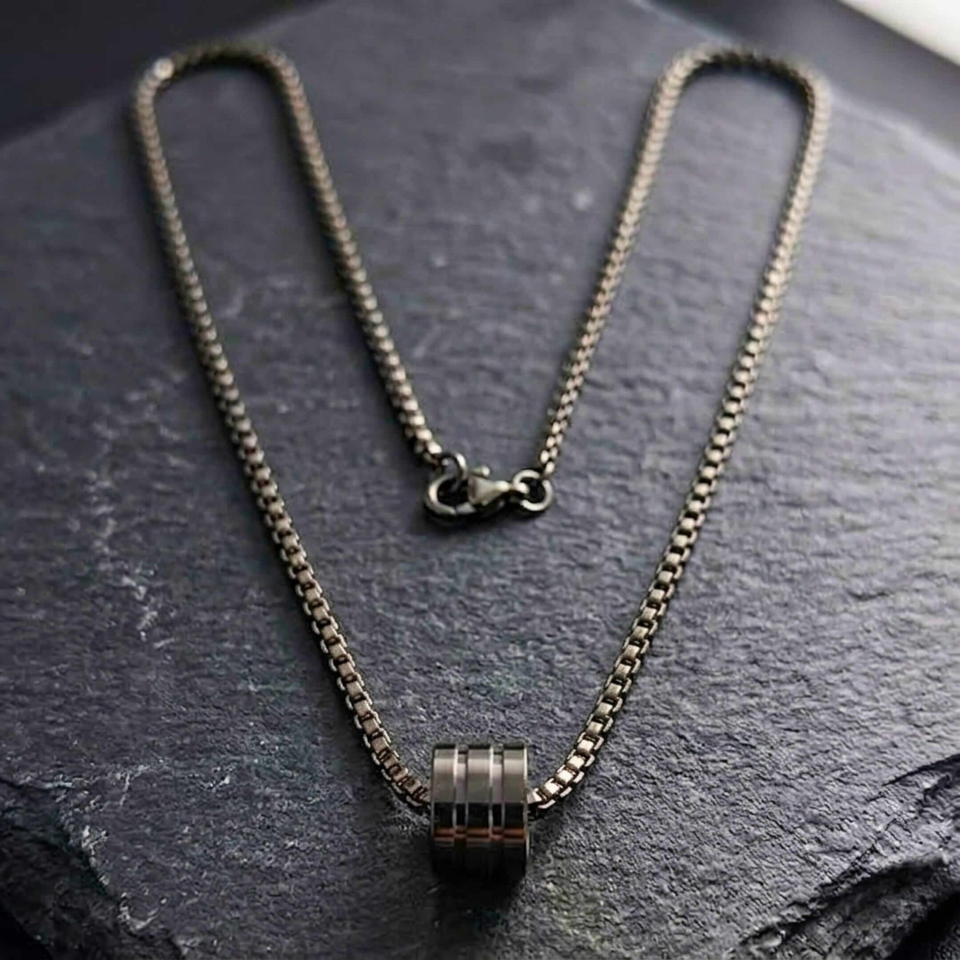 TRIPLE BARREL - BLACK - 9mm Titanium Steel Pendant with 23inch Round Box 4mm Chain for Men & Boys — SS Pendant/ Necklace for Men | THE MEN THING