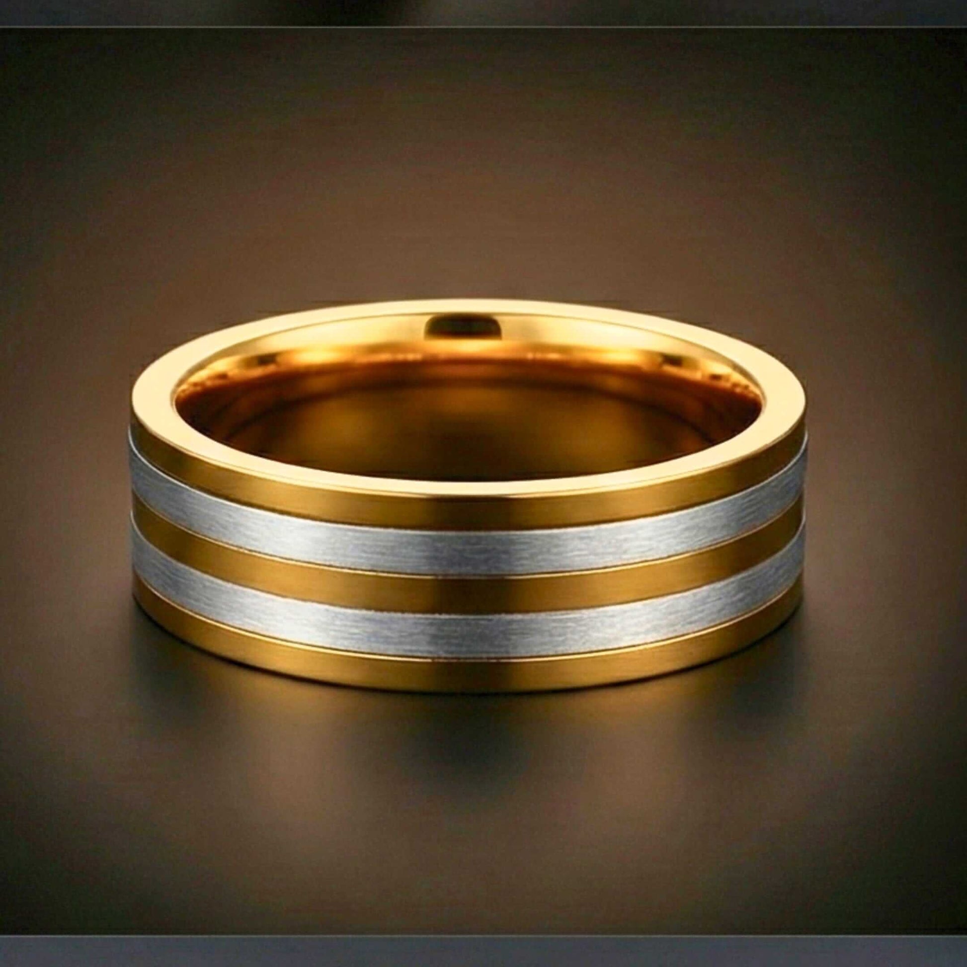 TRIPLE STRIPE - Pure Stainless Steel Men’s Steel-Gold Plated Ring (Size : 17-22-27) — Rings for Men | THE MEN THING
