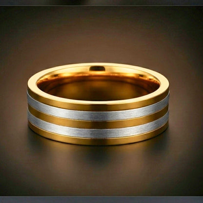 TRIPLE STRIPE - Pure Stainless Steel Men’s Steel-Gold Plated Ring (Size : 17-22-27) — Rings for Men | THE MEN THING