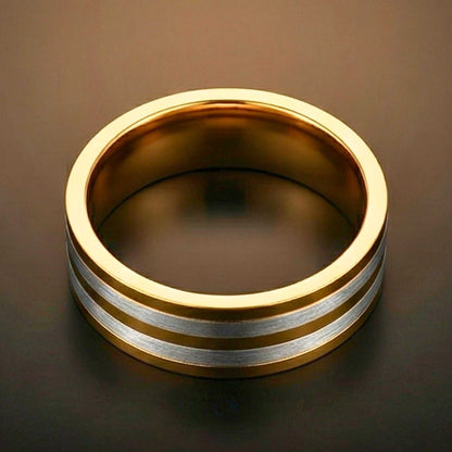 TRIPLE STRIPE - Pure Stainless Steel Men’s Steel-Gold Plated Ring (Size : 17-22-27) — Rings for Men | THE MEN THING