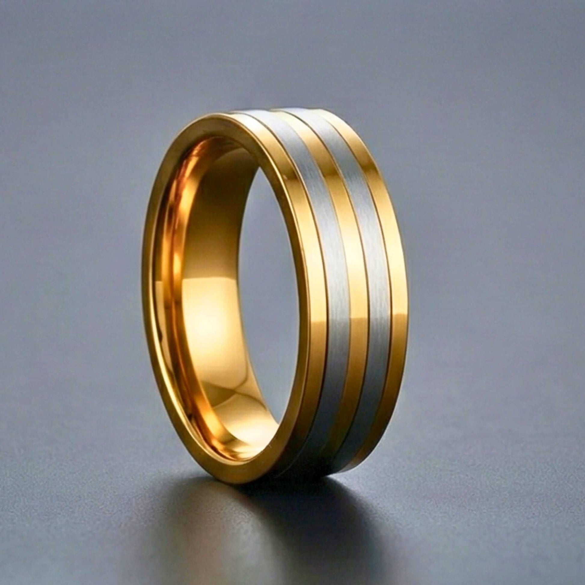 TRIPLE STRIPE - Pure Stainless Steel Men’s Steel-Gold Plated Ring (Size : 17-22-27) — Rings for Men | THE MEN THING
