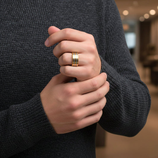 TRIPLE STRIPE - Pure Stainless Steel Men’s Steel-Gold Plated Ring (Size : 17-22-27) — Rings for Men | THE MEN THING