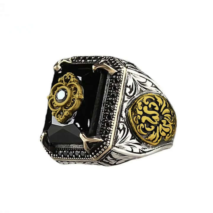 TURKISH SIGNET -  Vintage Ethnic Hand-carved Black Onyx  Titanium  Steel Rings for Men and Boys (Size : 21) - THE MEN THING