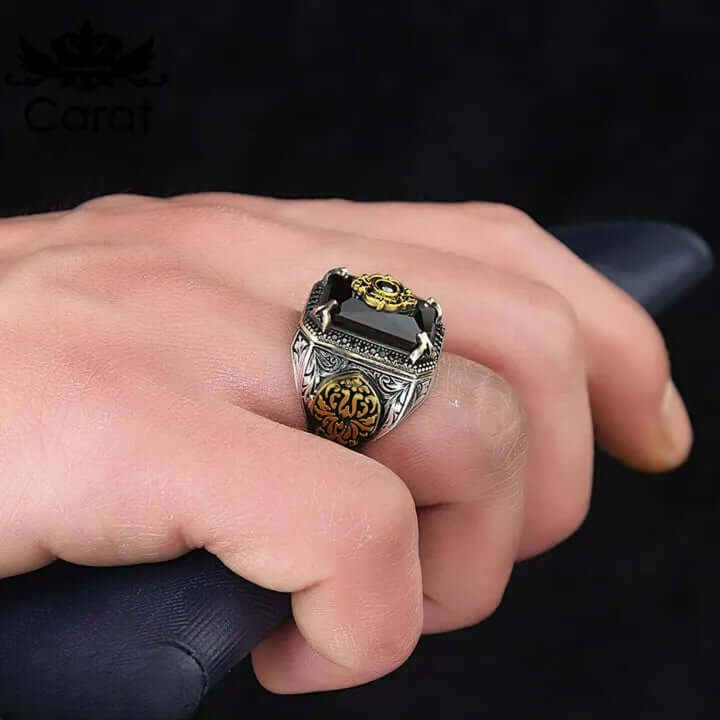 TURKISH SIGNET -  Vintage Ethnic Hand-carved Black Onyx  Titanium  Steel Rings for Men and Boys (Size : 21) - THE MEN THING