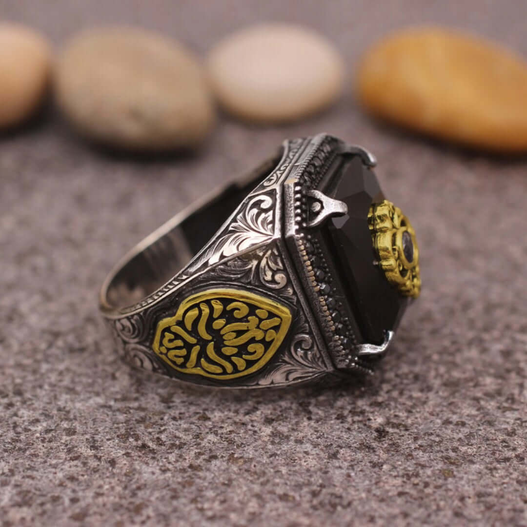 TURKISH SIGNET -  Vintage Ethnic Hand-carved Black Onyx  Titanium  Steel Rings for Men and Boys (Size : 21) - THE MEN THING