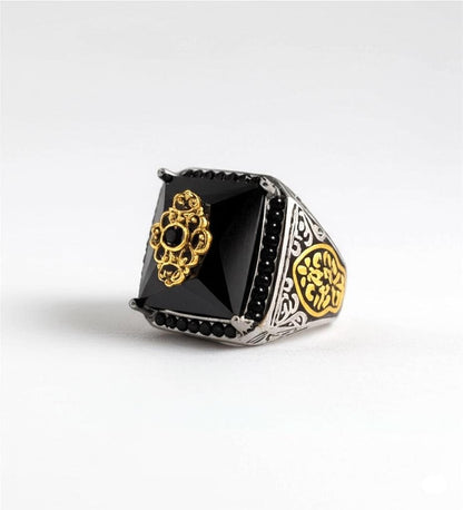 TURKISH SIGNET -  Vintage Ethnic Hand-carved Black Onyx  Titanium  Steel Rings for Men and Boys (Size : 21) - THE MEN THING