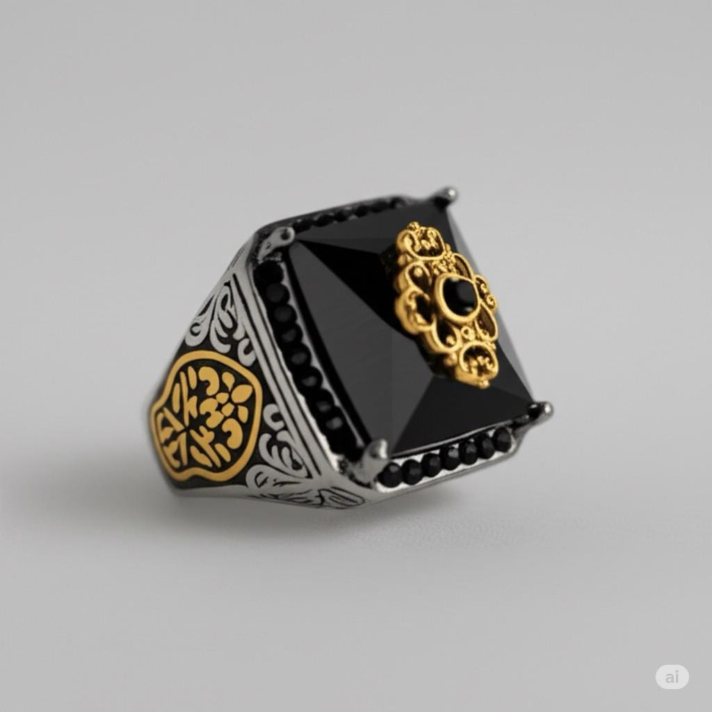 TURKISH SIGNET -  Vintage Ethnic Hand-carved Black Onyx  Titanium  Steel Rings for Men and Boys (Size : 21) - THE MEN THING