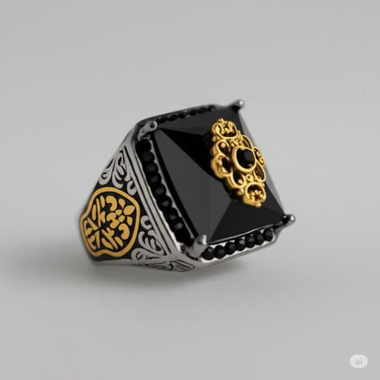 TURKISH SIGNET -  Vintage Ethnic Hand-carved Black Onyx  Titanium  Steel Rings for Men and Boys (Size : 21) - THE MEN THING