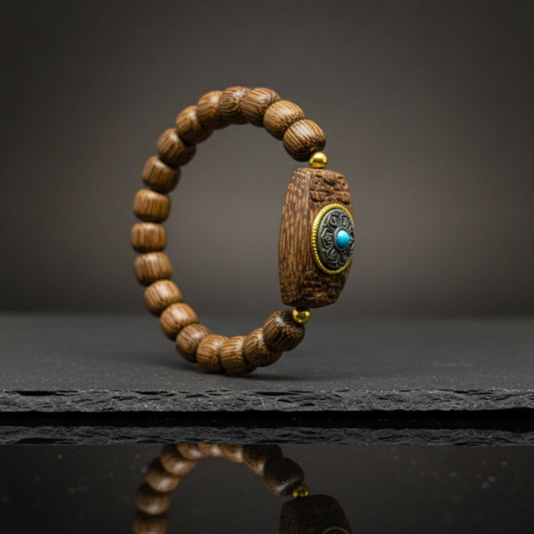 TURQUOISE AMULET  - 10mm Wooden Beads Bracelet with Natural Stone - Adjustable Bracelet