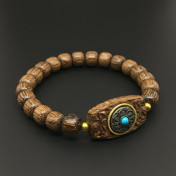 TURQUOISE AMULET  - 10mm Wooden Beads Bracelet with Natural Stone - Adjustable Bracelet