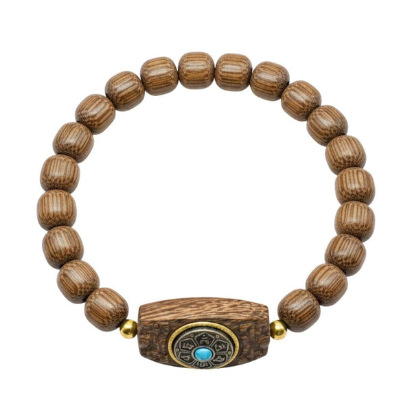 TURQUOISE AMULET  - 10mm Wooden Beads Bracelet with Natural Stone - Adjustable Bracelet