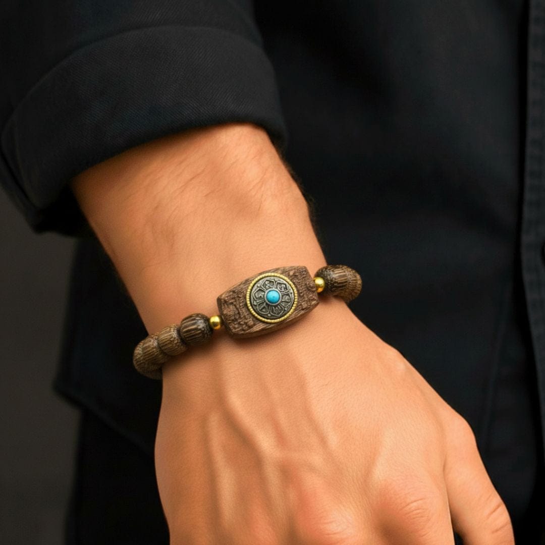TURQUOISE AMULET  - 10mm Wooden Beads Bracelet with Natural Stone - Adjustable Bracelet - THE MEN THING