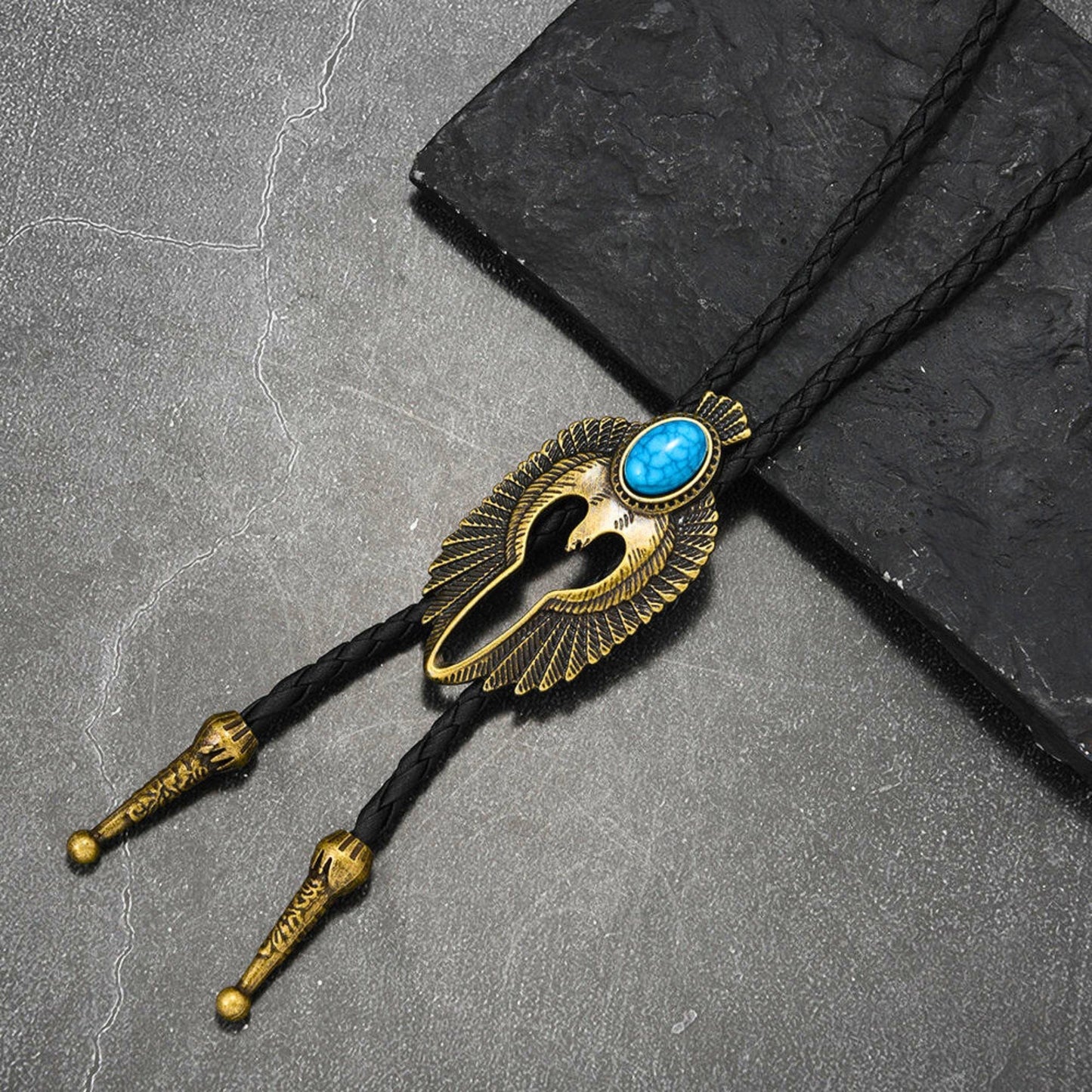 TURQUOISE FALCON BOLO – 2.4 inch Pure Stainless Steel Pendant with Adjustable Black Leather Rope for Men & Boys — Leather Necklace for Men | THE MEN THING