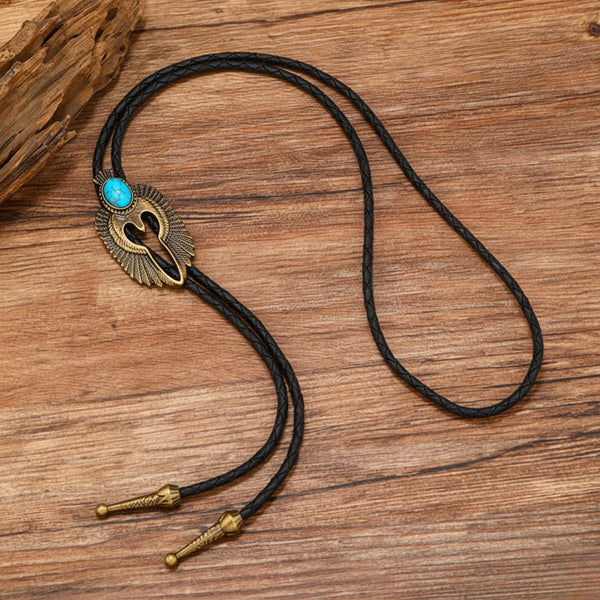 TURQUOISE FALCON BOLO – 2.4 inch Pure Stainless Steel Pendant with Adjustable Black Leather Rope for Men & Boys