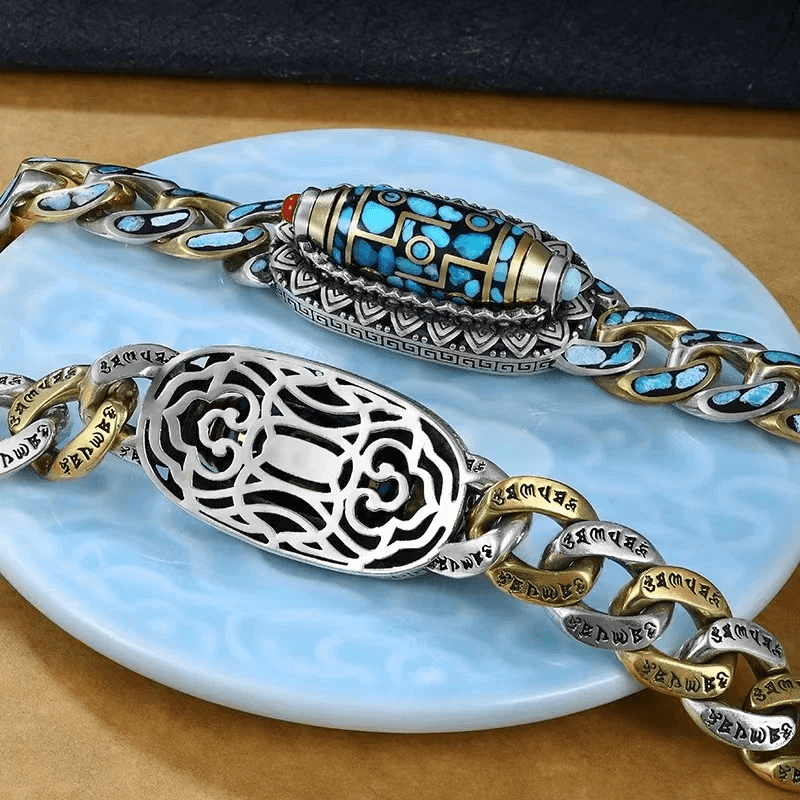 TURQUOISE NINE-EYED DZI - 12mm Pure Copper Bracelet with Box Clasp for Men & Boys (8 inch) - THE MEN THING