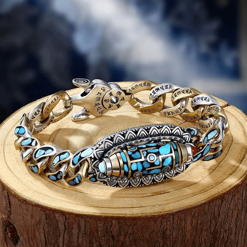 TURQUOISE NINE-EYED DZI - 12mm Pure Copper Bracelet with Box Clasp for Men & Boys (8 inch) - THE MEN THING