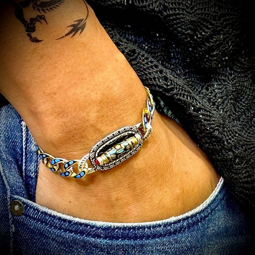 TURQUOISE NINE-EYED DZI - 12mm Pure Copper Bracelet with Box Clasp for Men & Boys (8 inch) - THE MEN THING