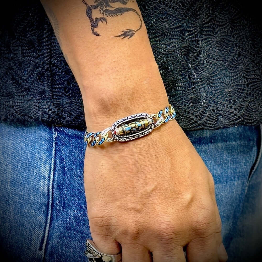 TURQUOISE NINE-EYED DZI - 12mm Pure Copper Bracelet with Box Clasp for Men & Boys (8 inch) - THE MEN THING