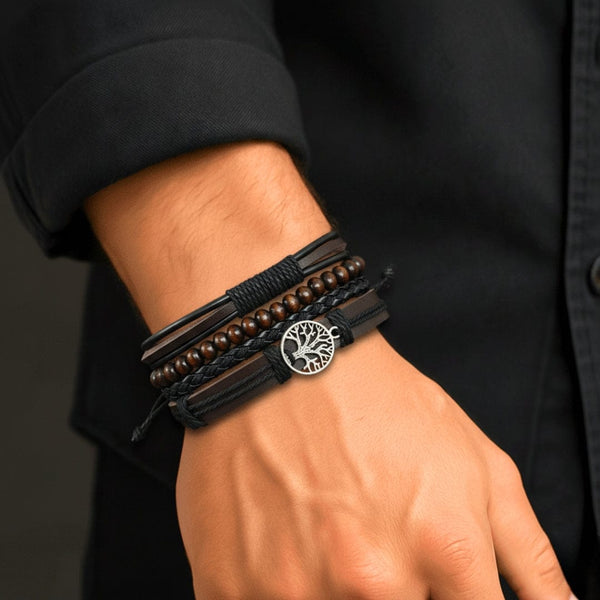 TWILIGHT LIFETREE - 4 Pcs Genuine Leather Adjustable Bracelet Set for Men & Boys (8 inch)