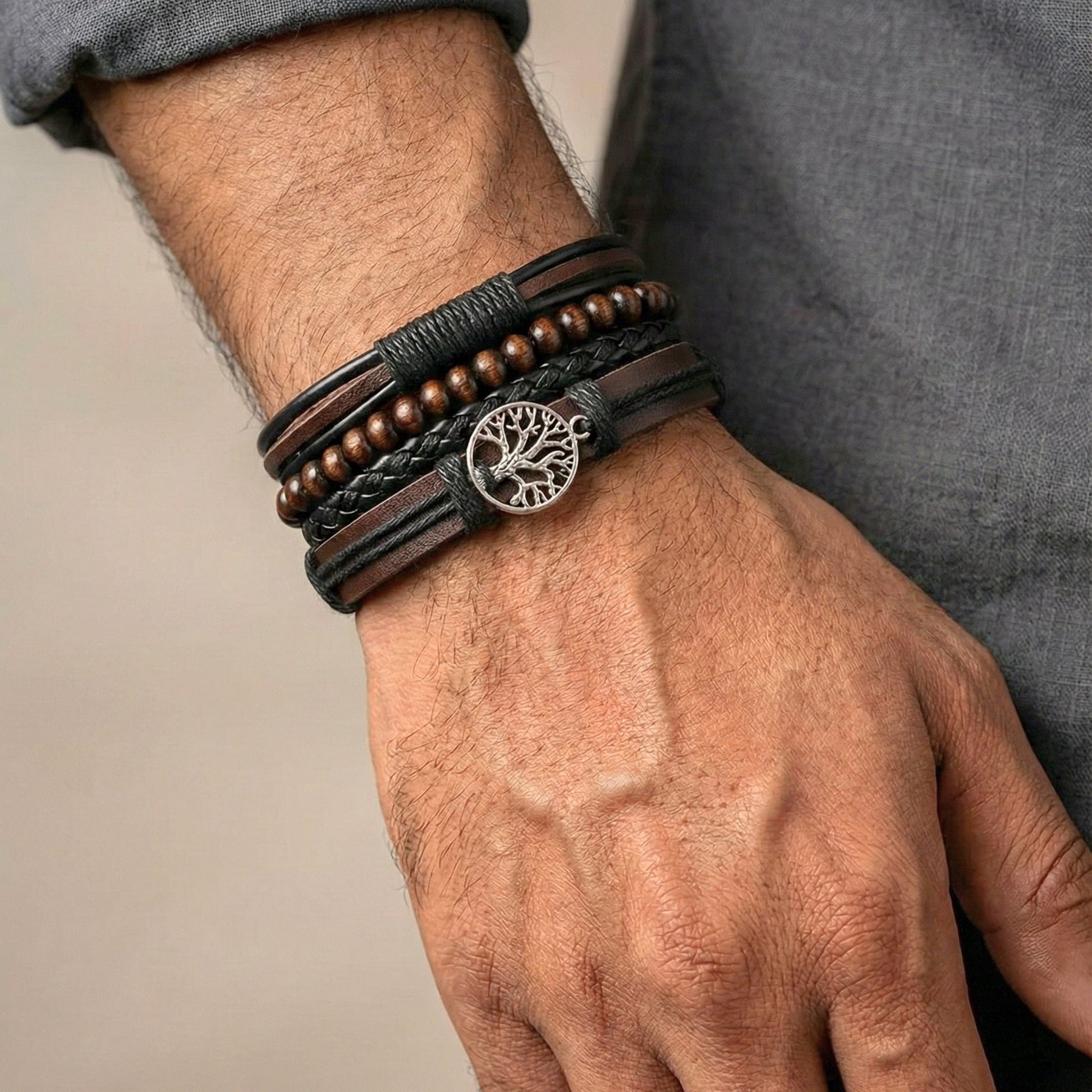 TWILIGHT LIFETREE - 4 Pcs Genuine Leather Adjustable Bracelet Set for Men & Boys (8 inch) - THE MEN THING