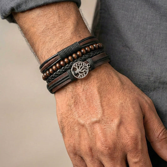 TWILIGHT LIFETREE - 4 Pcs Genuine Leather Adjustable Bracelet Set for Men & Boys (8 inch) - THE MEN THING