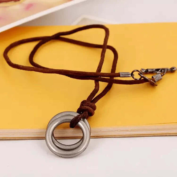TWIN WHEEL BROWN - Vintage Alloy Double Circle Pendant with Necklace Cord for Men & Boys