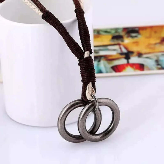 TWIN WHEEL TWO COLOUR - Vintage Alloy Double Ring Pendant with Pure Leather Cord Necklace for Men & Boys - THE MEN THING