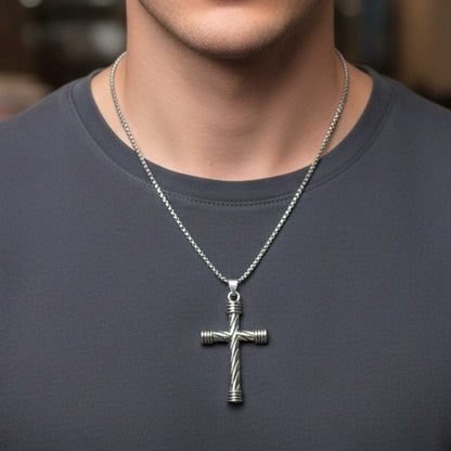 TWISTED GROOVE CROSS - 32mm Pure Titanium Steel Pendant with 27inch Round Box 4mm Chain for Men & Boys — SS Pendant/ Necklace for Men | THE MEN THING