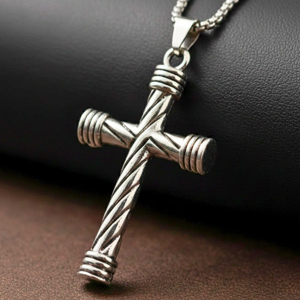 TWISTED GROOVE CROSS - 32mm Pure Titanium Steel Pendant with 27inch Round Box 4mm Chain for Men & Boys