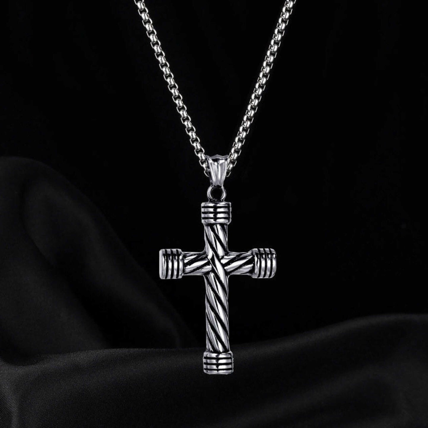 TWISTED GROOVE CROSS - 32mm Pure Titanium Steel Pendant with 27inch Round Box 4mm Chain for Men & Boys — SS Pendant/ Necklace for Men | THE MEN THING