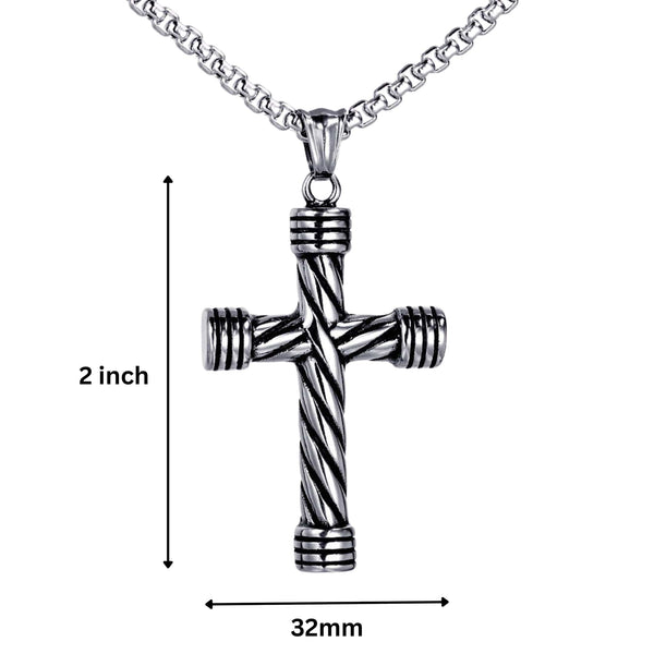 TWISTED GROOVE CROSS - 32mm Pure Titanium Steel Pendant with 27inch Round Box 4mm Chain for Men & Boys