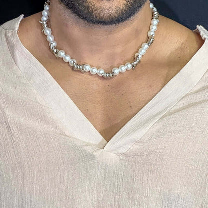 TWISTED KNOT - Italian Styled Pearl with Twist Metal Knot Choker Necklaces for men and boys (20 Inch) - THE MEN THING